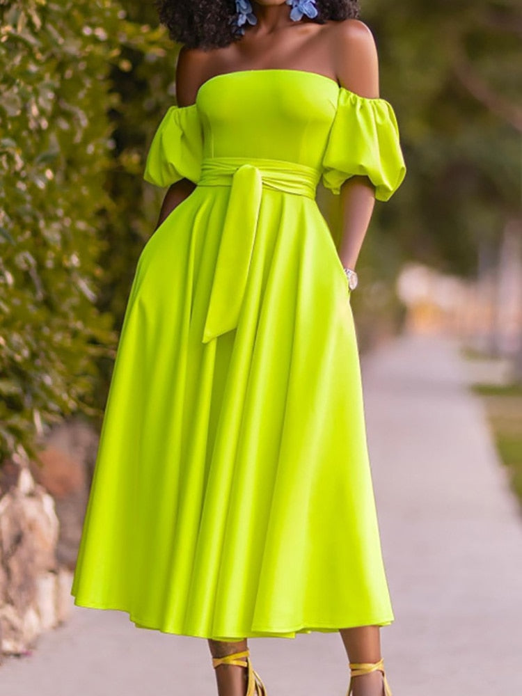 Slim Fit Belt Elegant Lady Midi Off Shoulder Dress