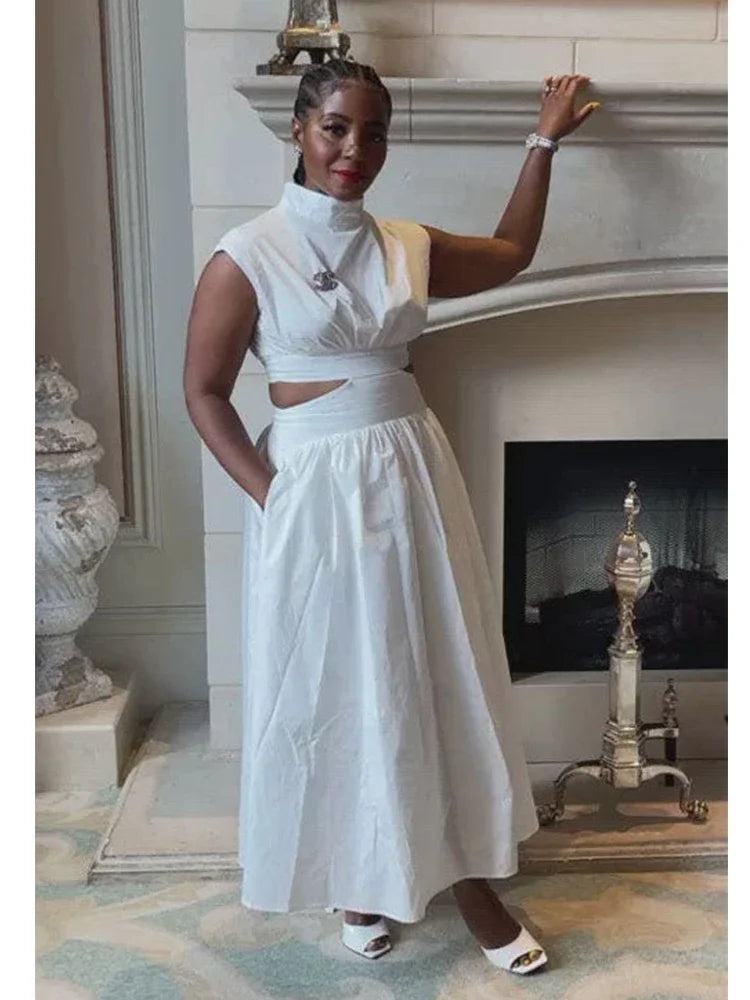 Summer Mock Neck Sleeveless Cutout A-llne White Maxi Dresses