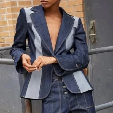 Patchwork Two Piece Jean Coat & Loose Bottoms Pant Set