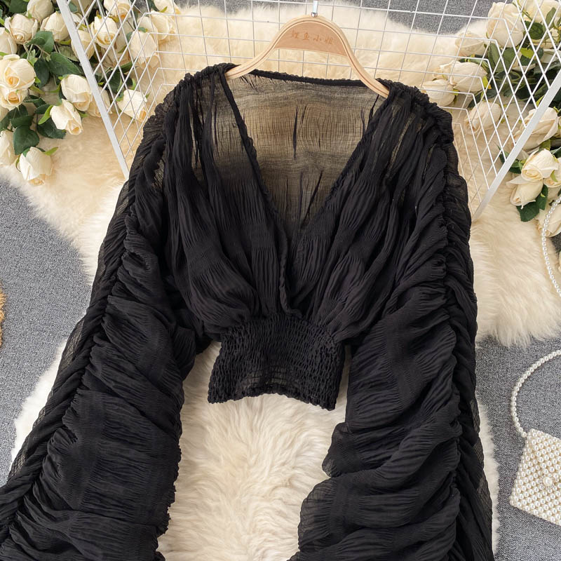 Women Sexy Chiffon Short Blouse - See Through Super Long Sleeve in Purple/Green/Black/White Folds Party Top