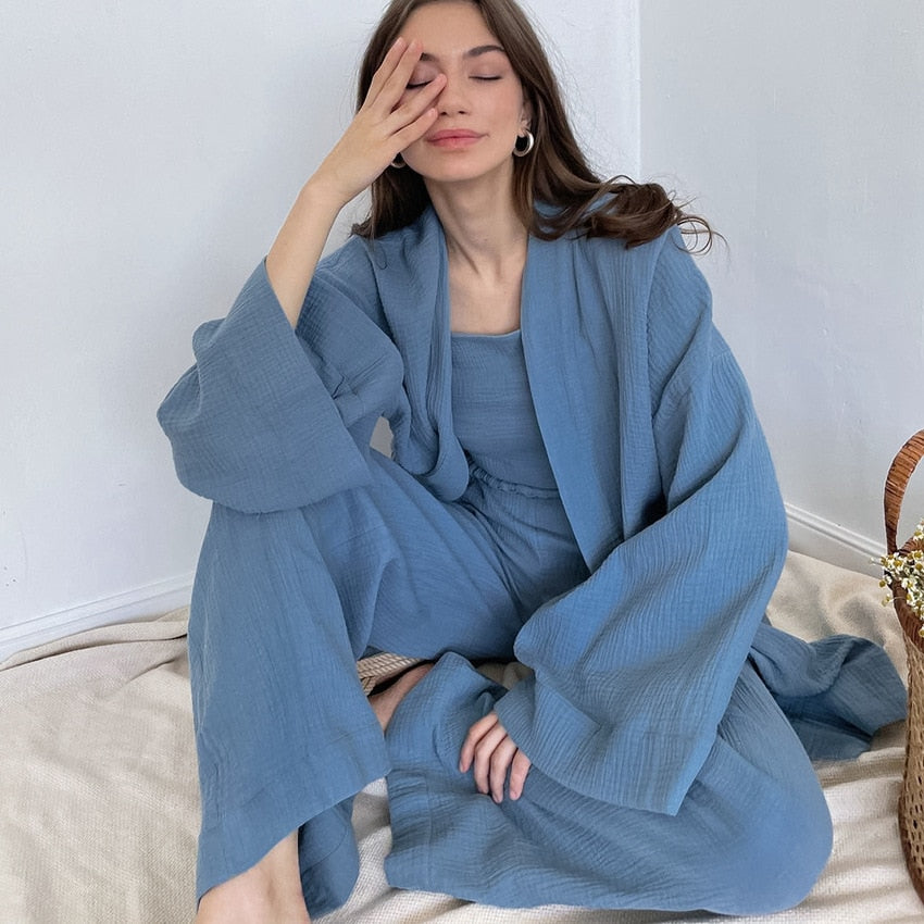 Kimono Pajamas 100% Cotton Crepe Long-Sleeved Trousers Ladies Sleepwear Suit