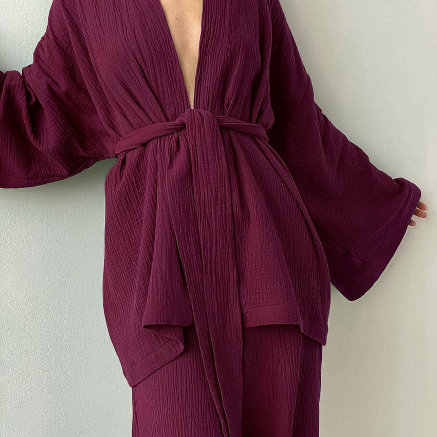 Kimono Pajamas 100% Cotton Crepe Long-Sleeved Trousers Ladies Sleepwear Suit