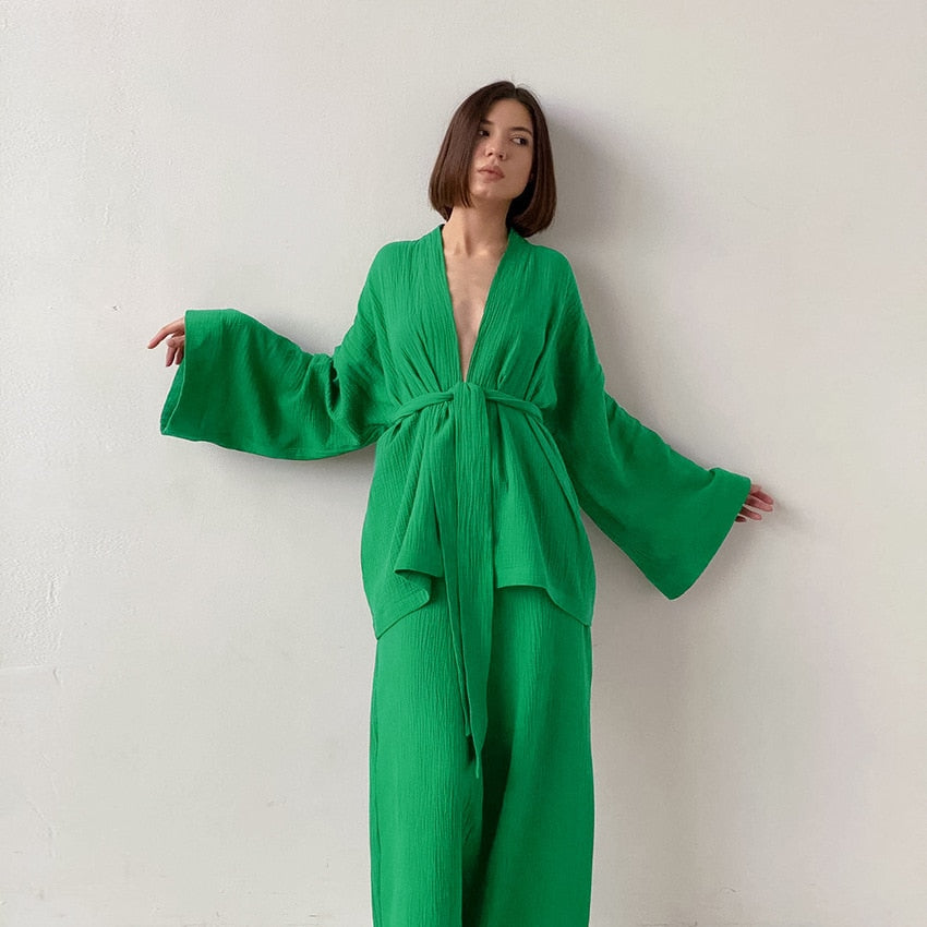 Kimono Pajamas 100% Cotton Crepe Long-Sleeved Trousers Ladies Sleepwear Suit