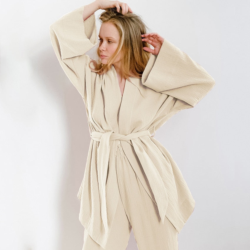 Kimono Pajamas 100% Cotton Crepe Long-Sleeved Trousers Ladies Sleepwear Suit
