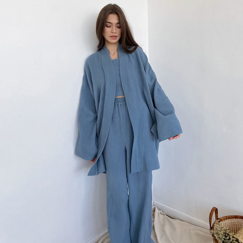 Kimono Pajamas 100% Cotton Crepe Long-Sleeved Trousers Ladies Sleepwear Suit