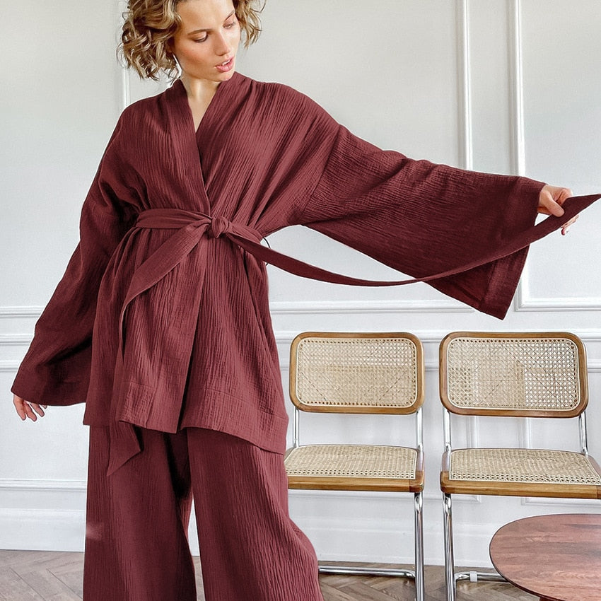 Kimono Pajamas 100% Cotton Crepe Long-Sleeved Trousers Ladies Sleepwear Suit