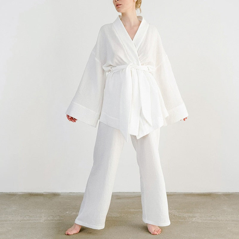 Kimono Pajamas 100% Cotton Crepe Long-Sleeved Trousers Ladies Sleepwear Suit
