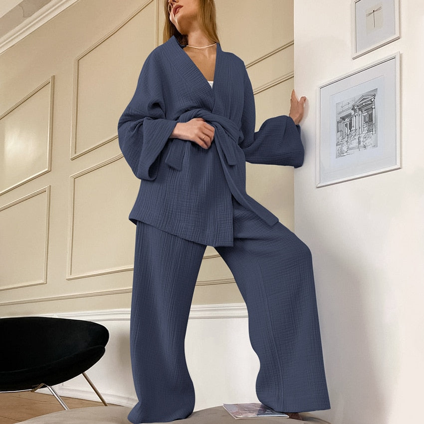 Kimono Pajamas 100% Cotton Crepe Long-Sleeved Trousers Ladies Sleepwear Suit