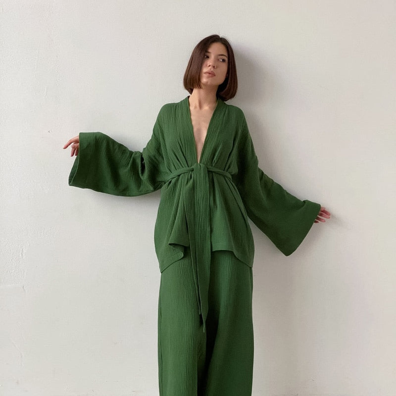Kimono Pajamas 100% Cotton Crepe Long-Sleeved Trousers Ladies Sleepwear Suit