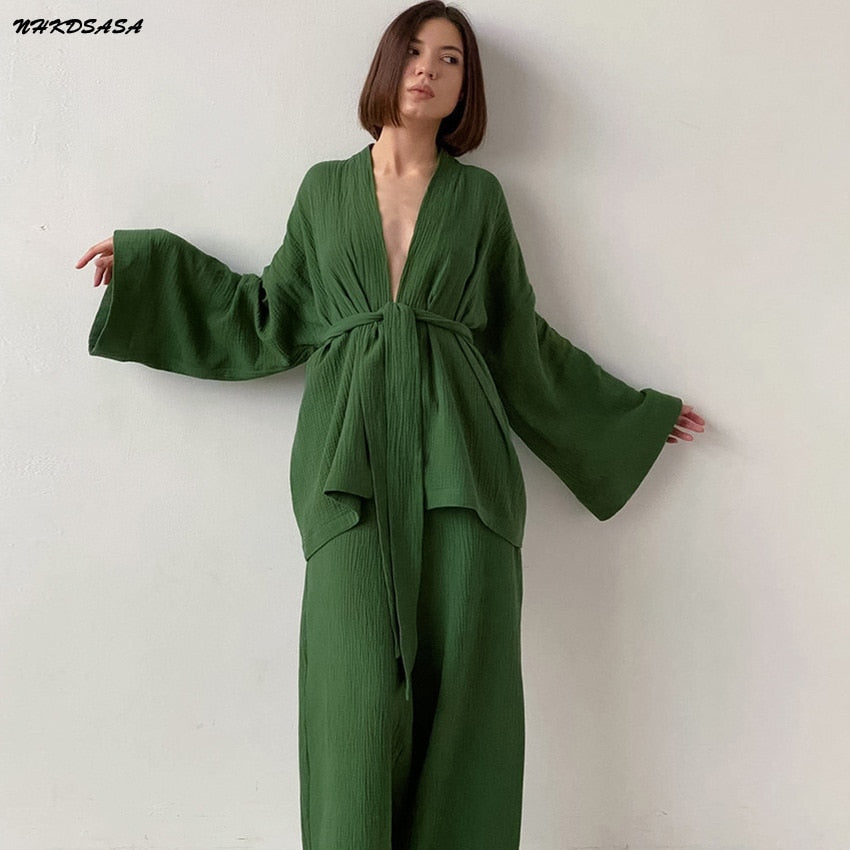 Kimono Pajamas 100% Cotton Crepe Long-Sleeved Trousers Ladies Sleepwear Suit