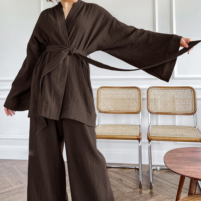 Kimono Pajamas 100% Cotton Crepe Long-Sleeved Trousers Ladies Sleepwear Suit