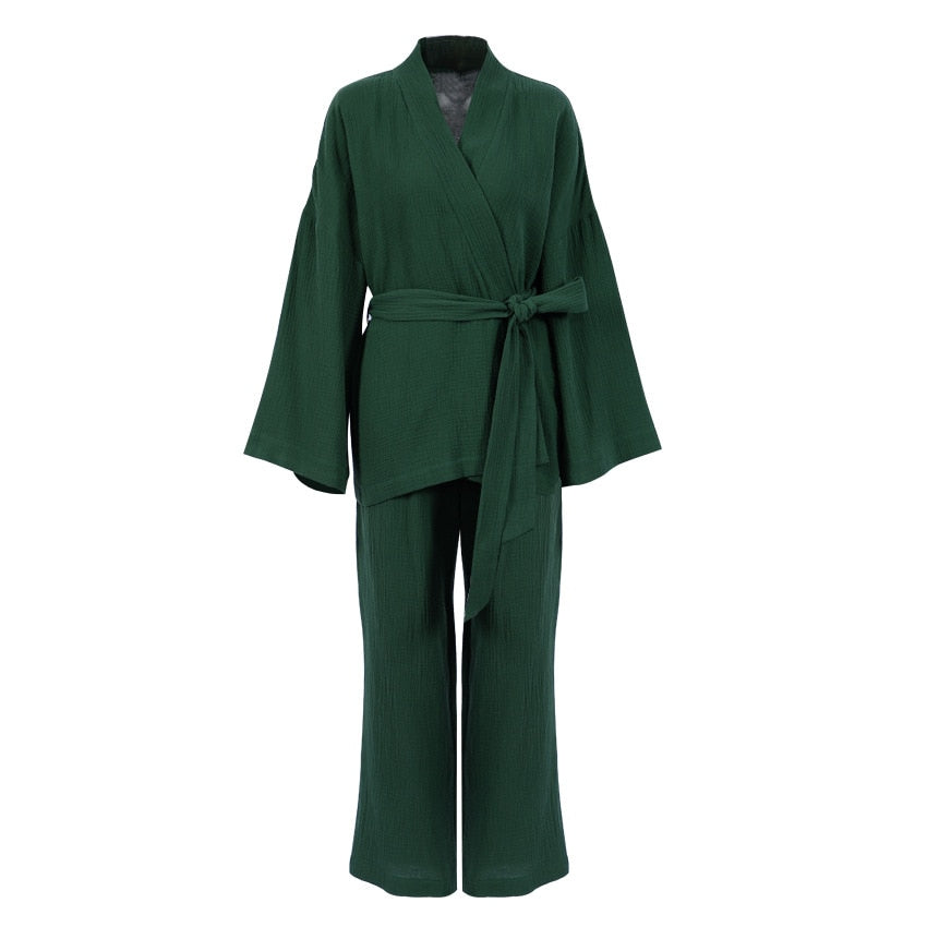 Kimono Pajamas 100% Cotton Crepe Long-Sleeved Trousers Ladies Sleepwear Suit