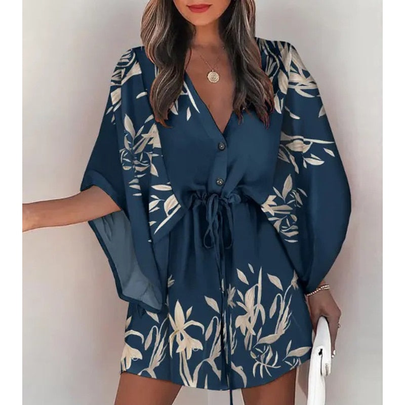Fashion Boho Women's V-Neck Batwing Sleeve Print Lace Up Mini Dress Lace-Up Holiday Dresses Womens Mini Dress Vestido