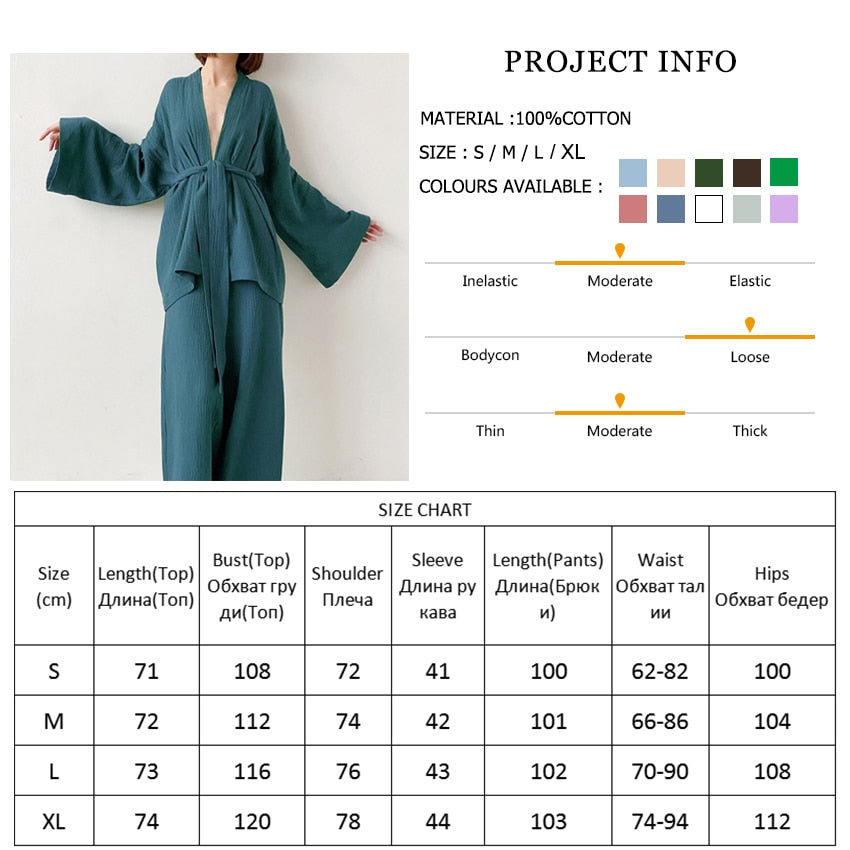 Kimono Pajamas 100% Cotton Crepe Long-Sleeved Trousers Ladies Sleepwear Suit