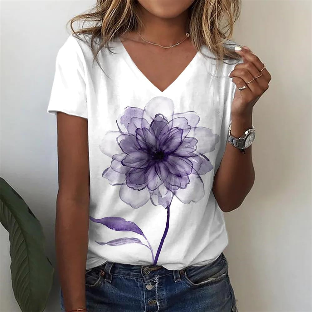 Summer Casual Loose Women's Abstract Floral Painting Graphic 3d Print Curvy Size T Shirt