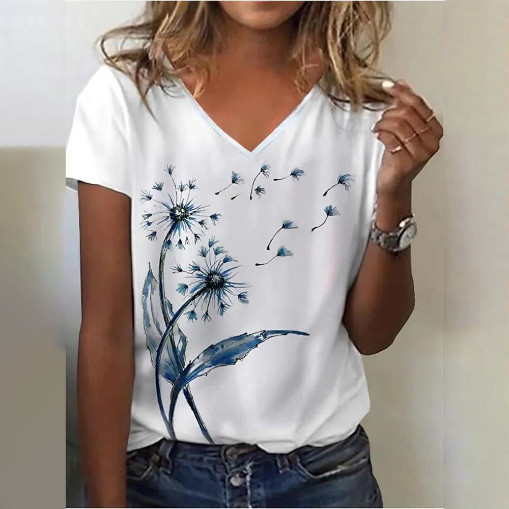 Summer Casual Loose Women's Abstract Floral Painting Graphic 3d Print Curvy Size T Shirt