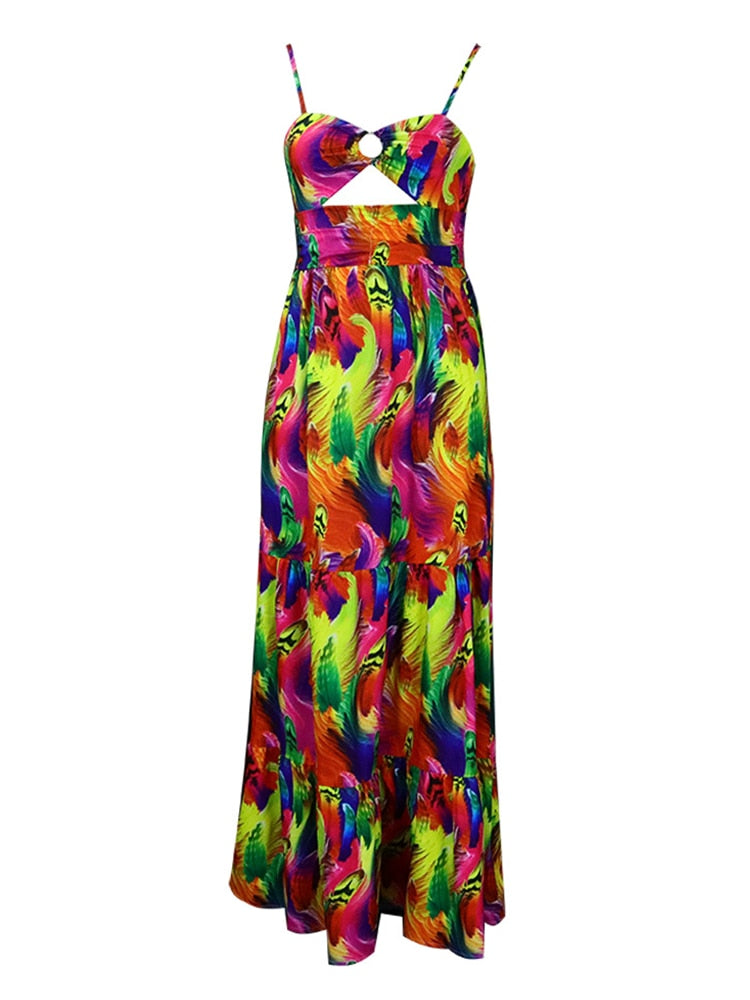 Women's Summer Vintage Spaghetti Strap Print Boho Beach Dress Hollow Front Sleeveless Fit and Flare Wrap Sundress