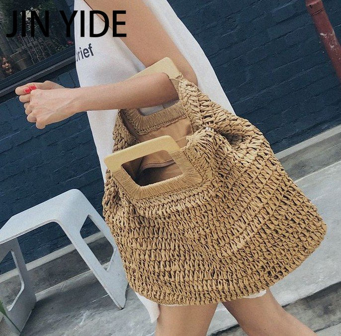 Casual Rattan Large Capacity Tote Wicker Woven Wooden Handbag for Summer