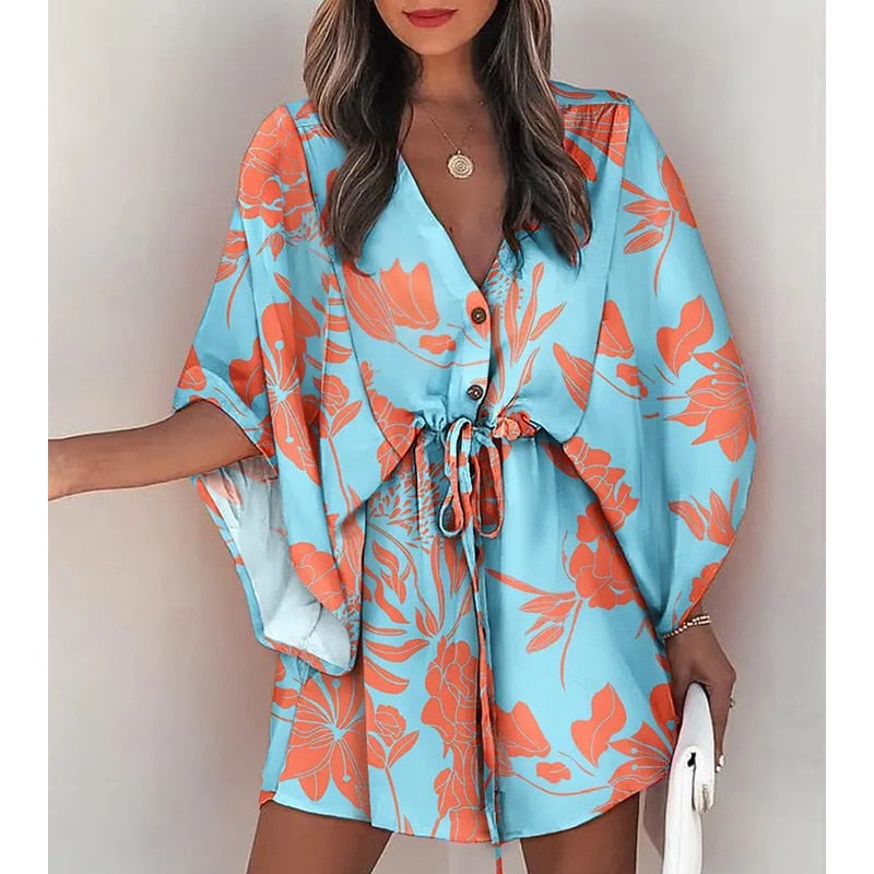 Fashion Boho Women's V-Neck Batwing Sleeve Print Lace Up Mini Dress Lace-Up Holiday Dresses Womens Mini Dress Vestido