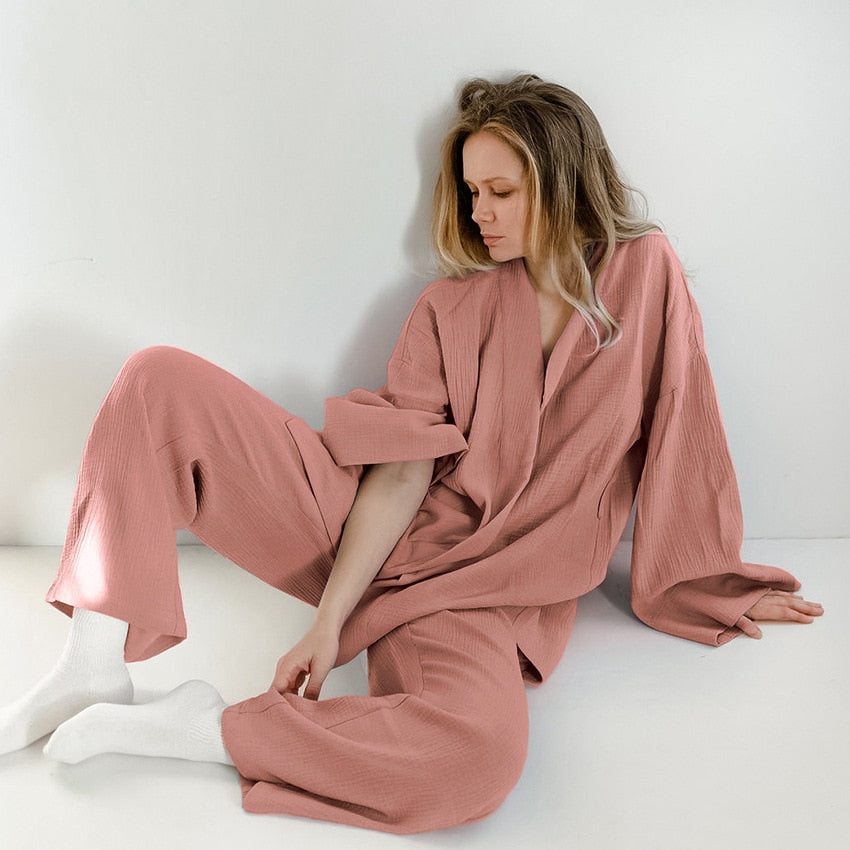 Kimono Pajamas 100% Cotton Crepe Long-Sleeved Trousers Ladies Sleepwear Suit