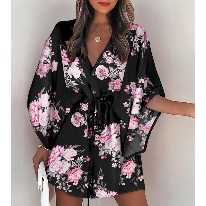 Fashion Boho Women's V-Neck Batwing Sleeve Print Lace Up Mini Dress Lace-Up Holiday Dresses Womens Mini Dress Vestido