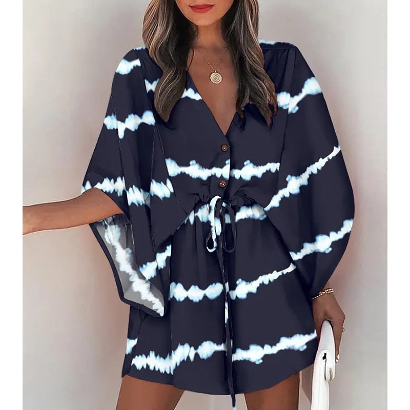 Fashion Boho Women's V-Neck Batwing Sleeve Print Lace Up Mini Dress Lace-Up Holiday Dresses Womens Mini Dress Vestido