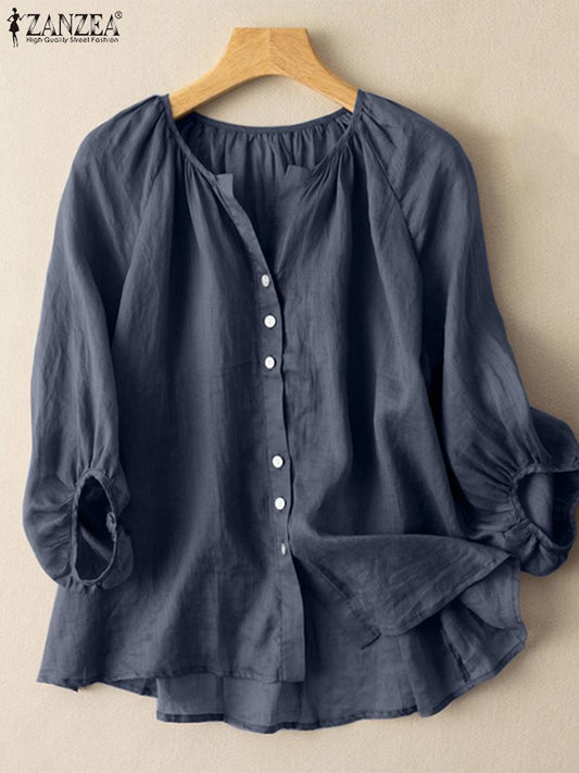 ZANZEA Women Summer Elegant O Neck 3/4 Sleeve Blouse Casual Solid Tops Tunic Loose Buttons