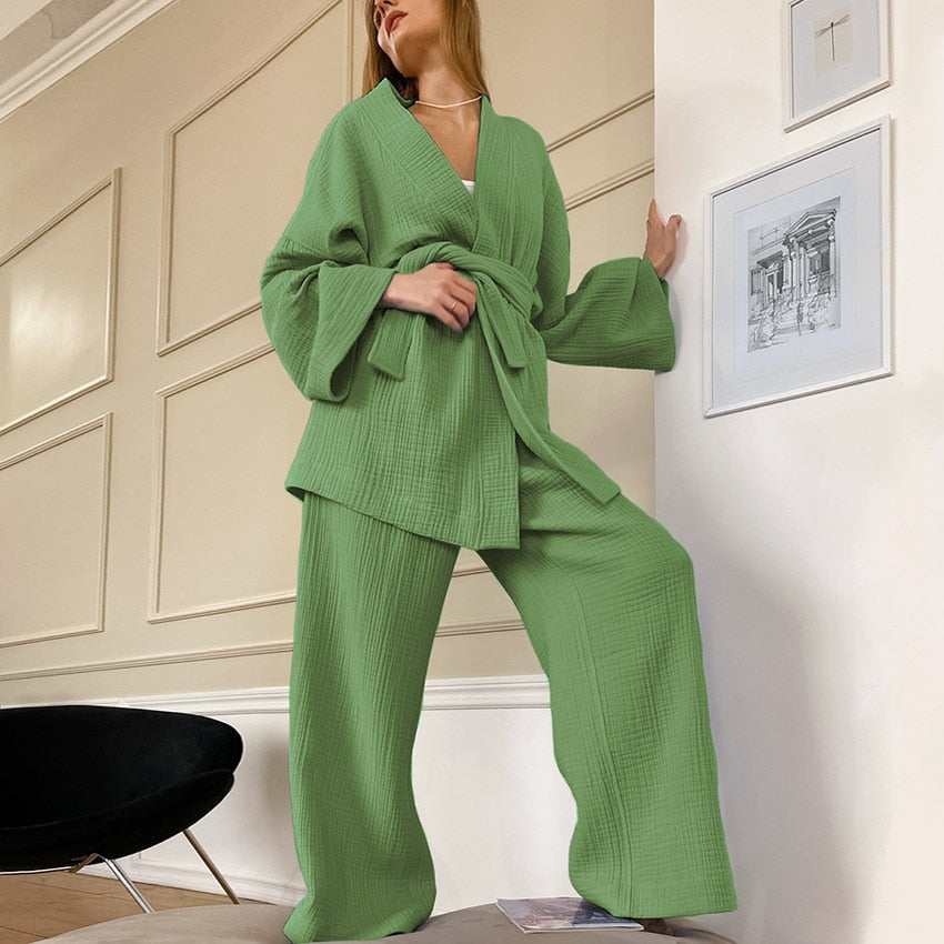 Kimono Pajamas 100% Cotton Crepe Long-Sleeved Trousers Ladies Sleepwear Suit