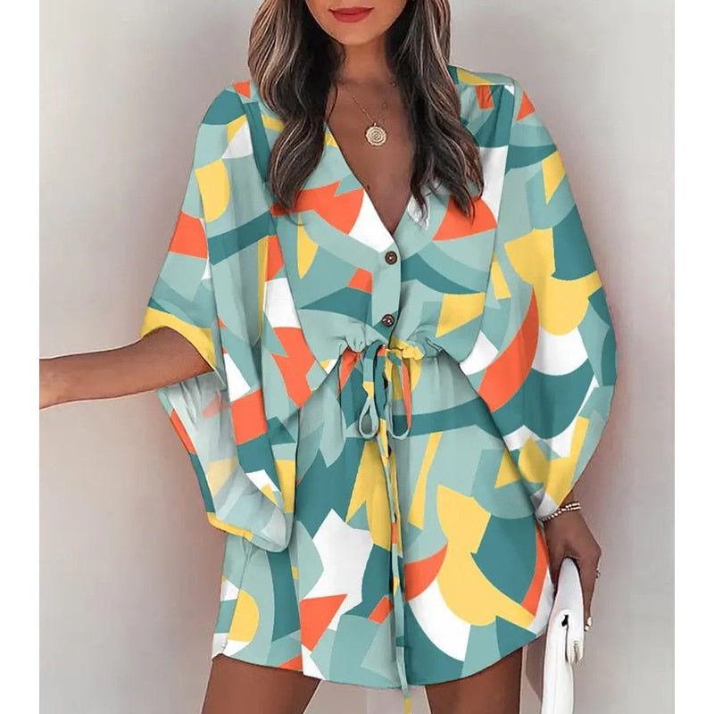 Fashion Boho Women's V-Neck Batwing Sleeve Print Lace Up Mini Dress Lace-Up Holiday Dresses Womens Mini Dress Vestido