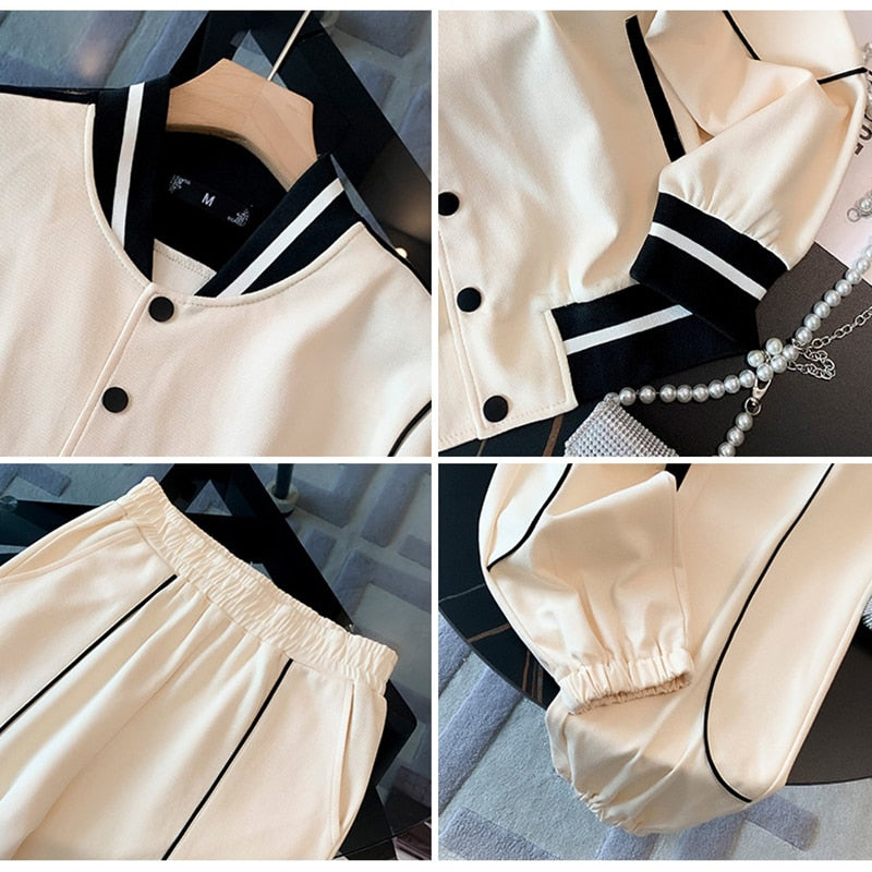Fashion Baseball Uniform 2 Piece Set Women 2022 Spring Autumn Long Sleeve Jacket+High Waist Wide Leg Pants Casual Sports Suit