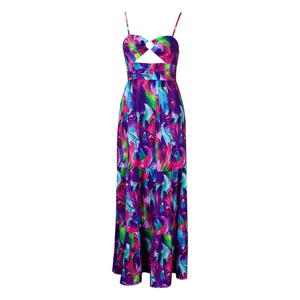 Women's Summer Vintage Spaghetti Strap Print Boho Beach Dress Hollow Front Sleeveless Fit and Flare Wrap Sundress