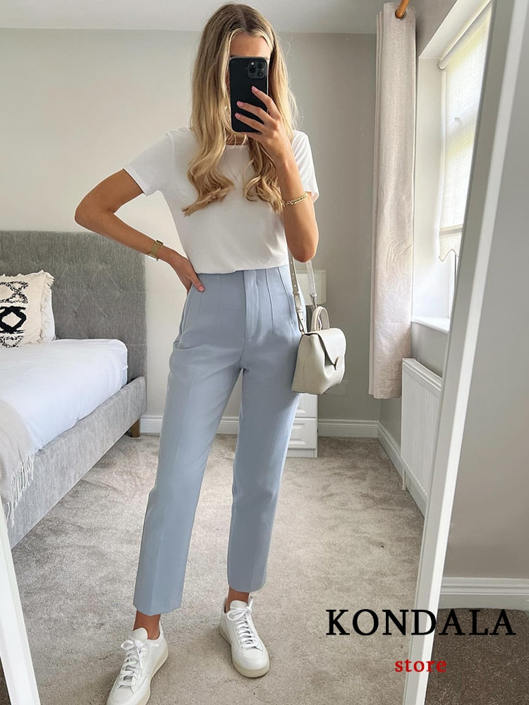 Women's Chic Fashion Office Wear Straight Pants w/Vintage High Waist Zipper Fly