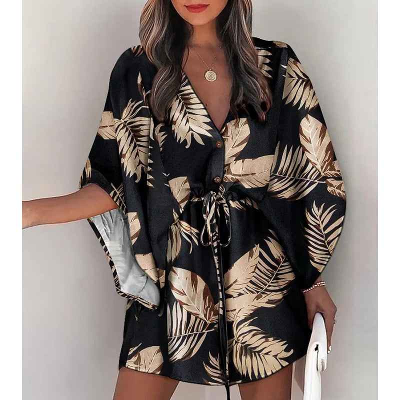 Fashion Boho Women's V-Neck Batwing Sleeve Print Lace Up Mini Dress Lace-Up Holiday Dresses Womens Mini Dress Vestido