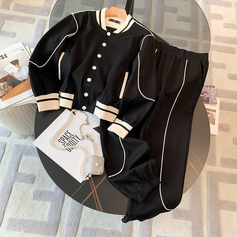 Fashion Baseball Uniform 2 Piece Set Women 2022 Spring Autumn Long Sleeve Jacket+High Waist Wide Leg Pants Casual Sports Suit