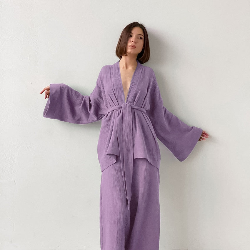Kimono Pajamas 100% Cotton Crepe Long-Sleeved Trousers Ladies Sleepwear Suit