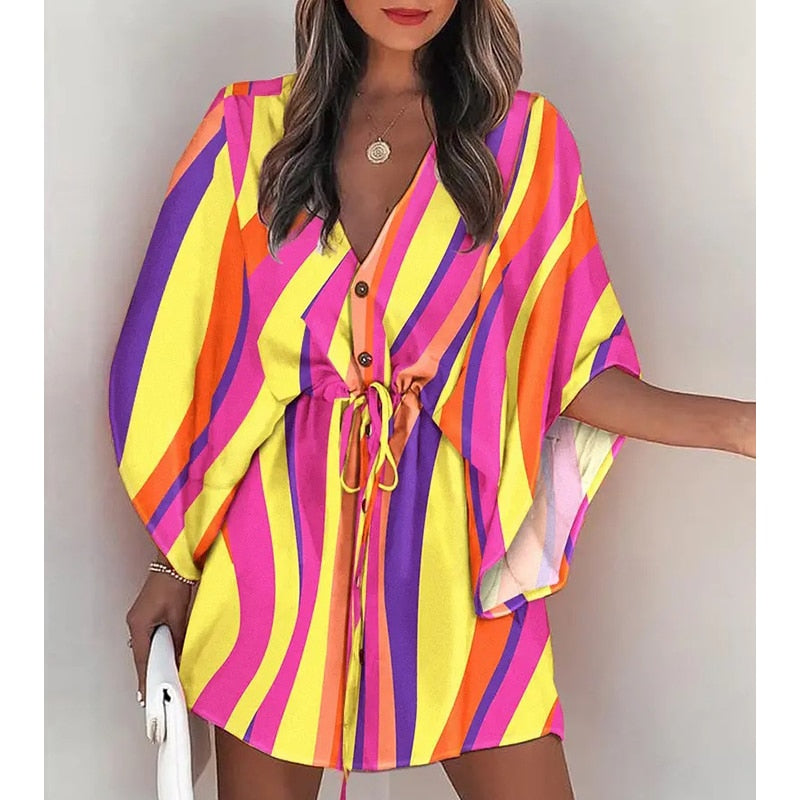 Fashion Boho Women's V-Neck Batwing Sleeve Print Lace Up Mini Dress Lace-Up Holiday Dresses Womens Mini Dress Vestido
