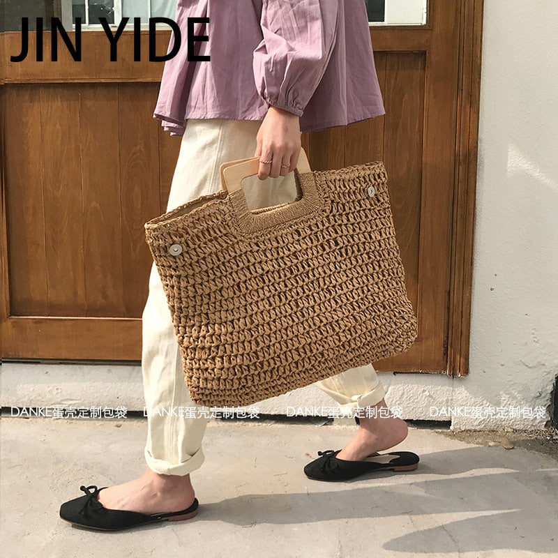 Casual Rattan Large Capacity Tote Wicker Woven Wooden Handbag for Summer
