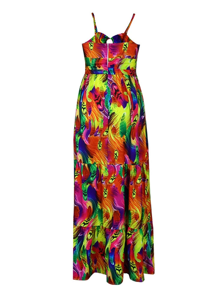 Women's Summer Vintage Spaghetti Strap Print Boho Beach Dress Hollow Front Sleeveless Fit and Flare Wrap Sundress