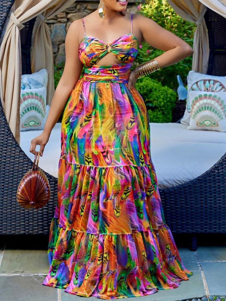 Women's Summer Vintage Spaghetti Strap Print Boho Beach Dress Hollow Front Sleeveless Fit and Flare Wrap Sundress