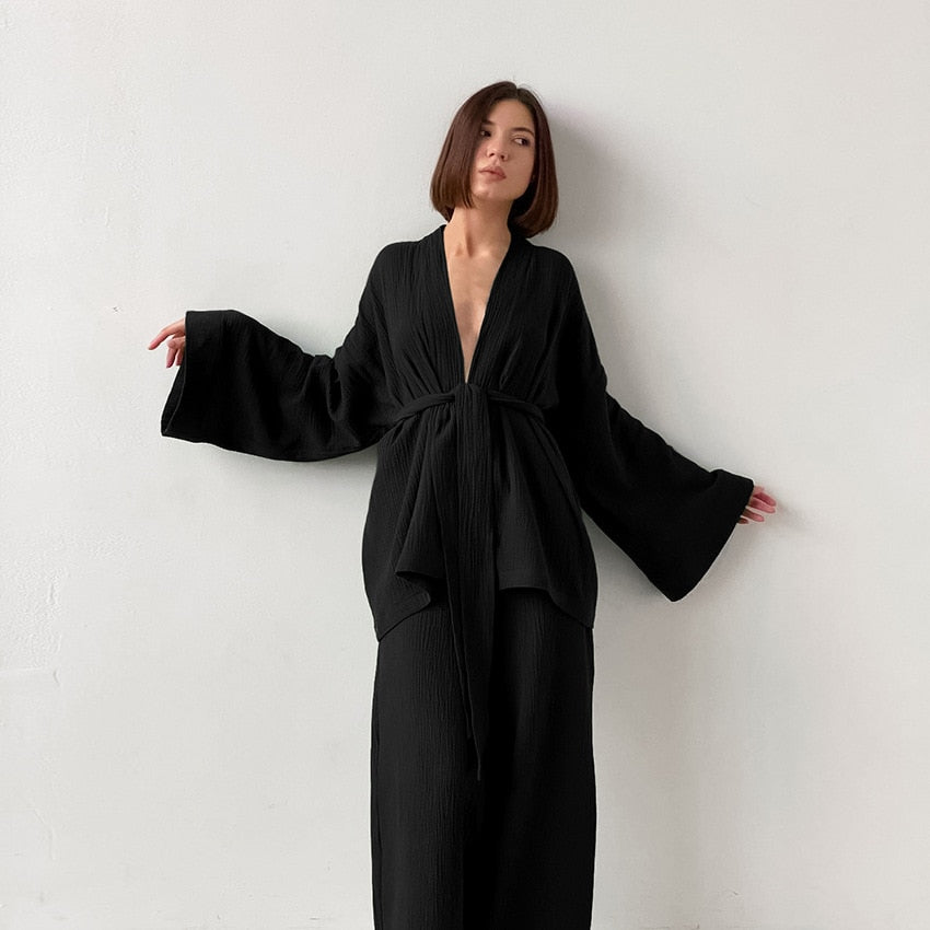 Kimono Pajamas 100% Cotton Crepe Long-Sleeved Trousers Ladies Sleepwear Suit