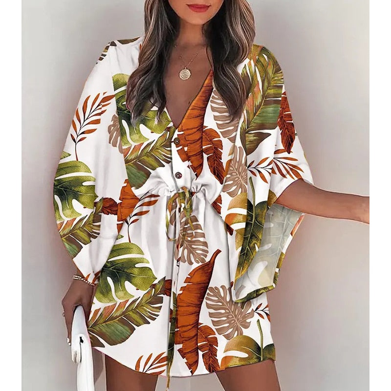 Fashion Boho Women's V-Neck Batwing Sleeve Print Lace Up Mini Dress Lace-Up Holiday Dresses Womens Mini Dress Vestido