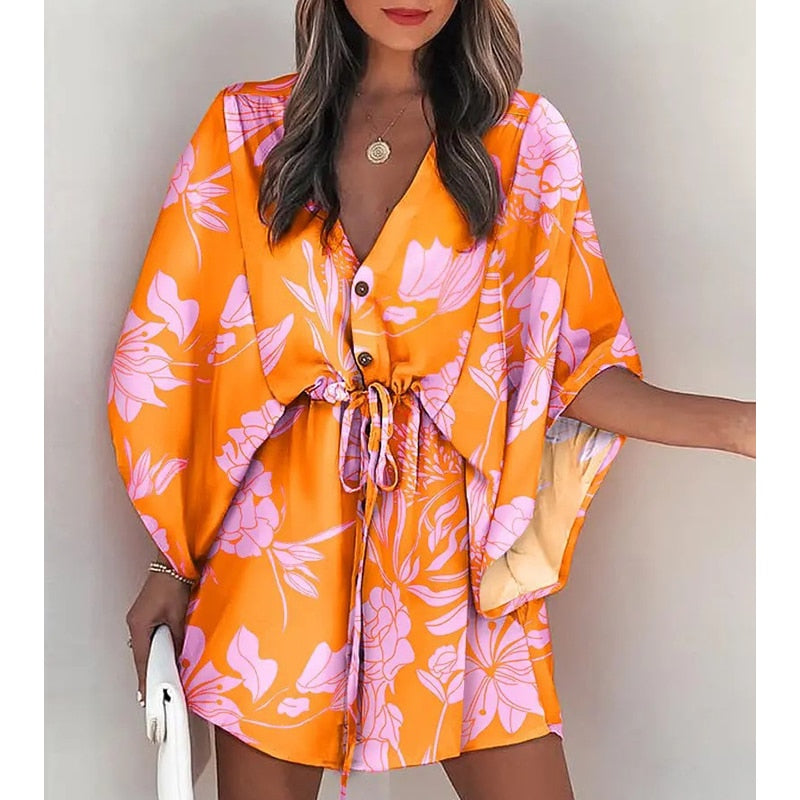 Fashion Boho Women's V-Neck Batwing Sleeve Print Lace Up Mini Dress Lace-Up Holiday Dresses Womens Mini Dress Vestido