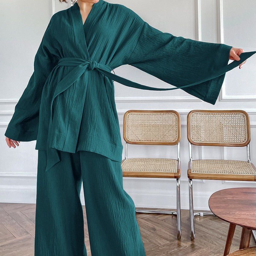 Kimono Pajamas 100% Cotton Crepe Long-Sleeved Trousers Ladies Sleepwear Suit