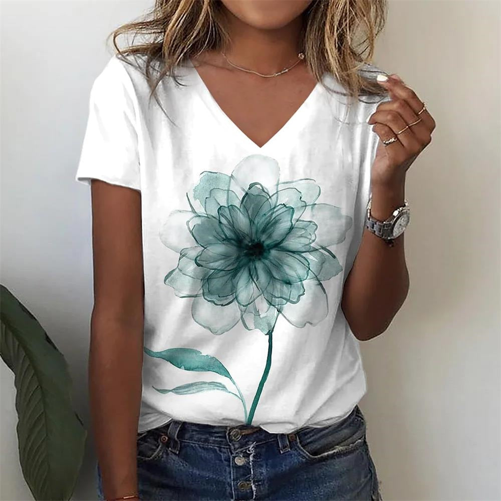 Summer Casual Loose Women's Abstract Floral Painting Graphic 3d Print Curvy Size T Shirt