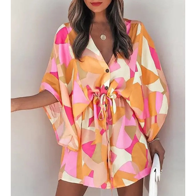 Fashion Boho Women's V-Neck Batwing Sleeve Print Lace Up Mini Dress Lace-Up Holiday Dresses Womens Mini Dress Vestido