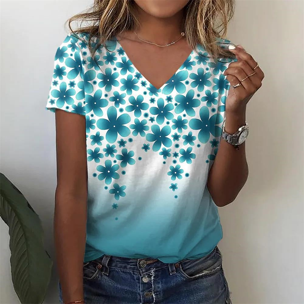 Summer Casual Loose Women's Abstract Floral Painting Graphic 3d Print Curvy Size T Shirt