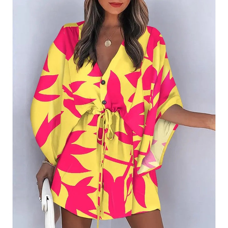 Fashion Boho Women's V-Neck Batwing Sleeve Print Lace Up Mini Dress Lace-Up Holiday Dresses Womens Mini Dress Vestido