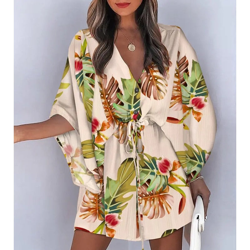 Fashion Boho Women's V-Neck Batwing Sleeve Print Lace Up Mini Dress Lace-Up Holiday Dresses Womens Mini Dress Vestido