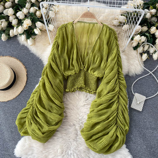 Women Sexy Chiffon Short Blouse - See Through Super Long Sleeve in Purple/Green/Black/White Folds Party Top