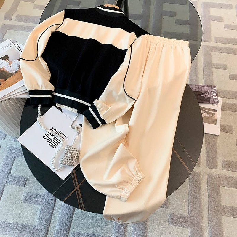 Fashion Baseball Uniform 2 Piece Set Women 2022 Spring Autumn Long Sleeve Jacket+High Waist Wide Leg Pants Casual Sports Suit
